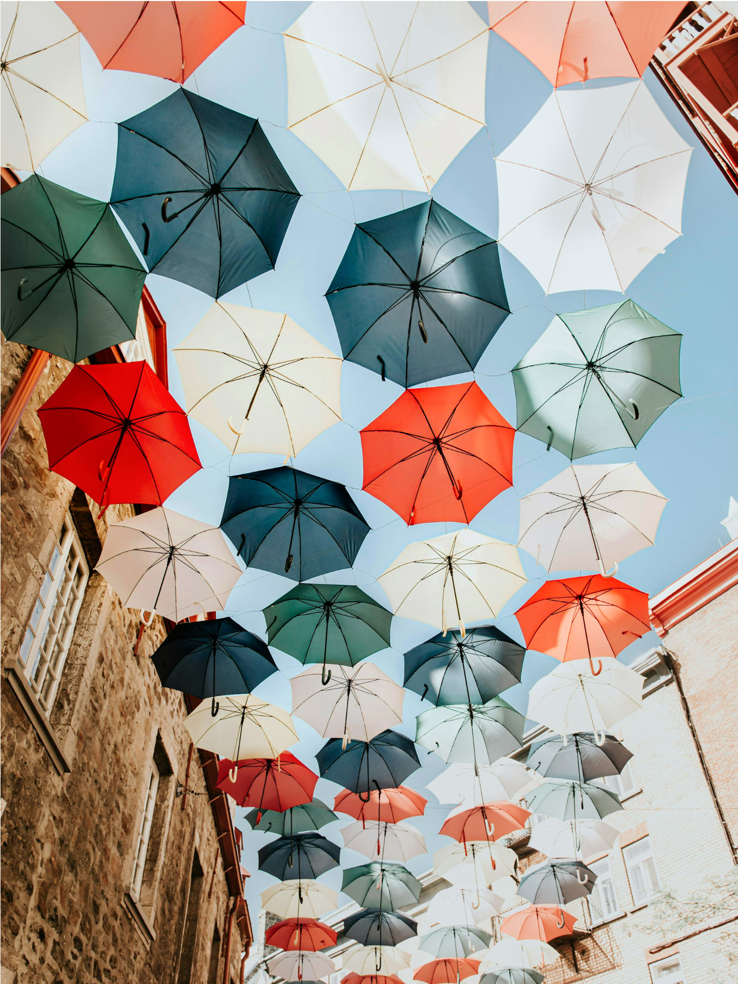 Parapluies suspendus dans une rue de la ville de Québec